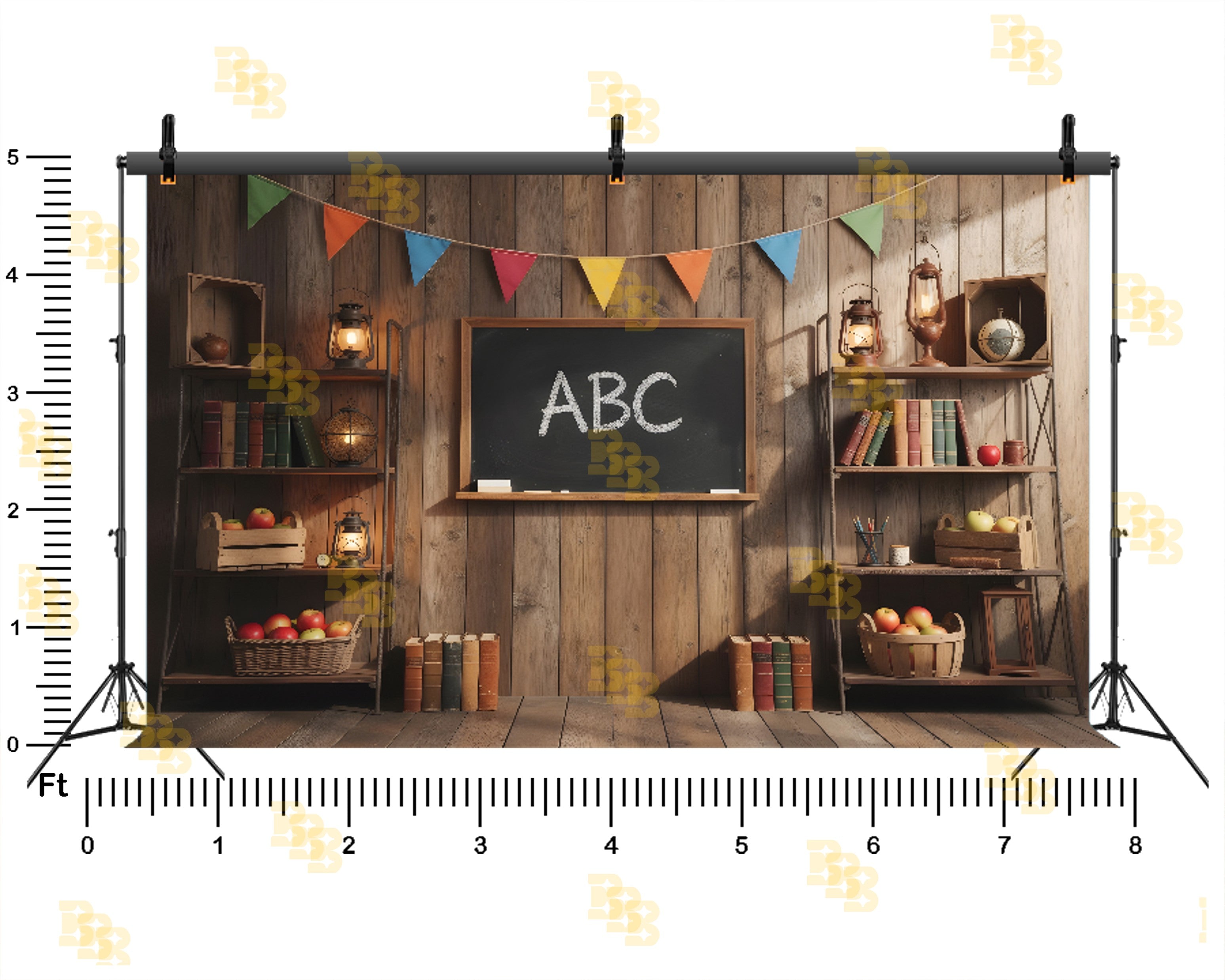 RUSTIC CLASSROOM BLACKBOARD WITH WOODEN SHELVES BACKDROP FOR KIDS & SCHOOL PHOTOGRAPHY