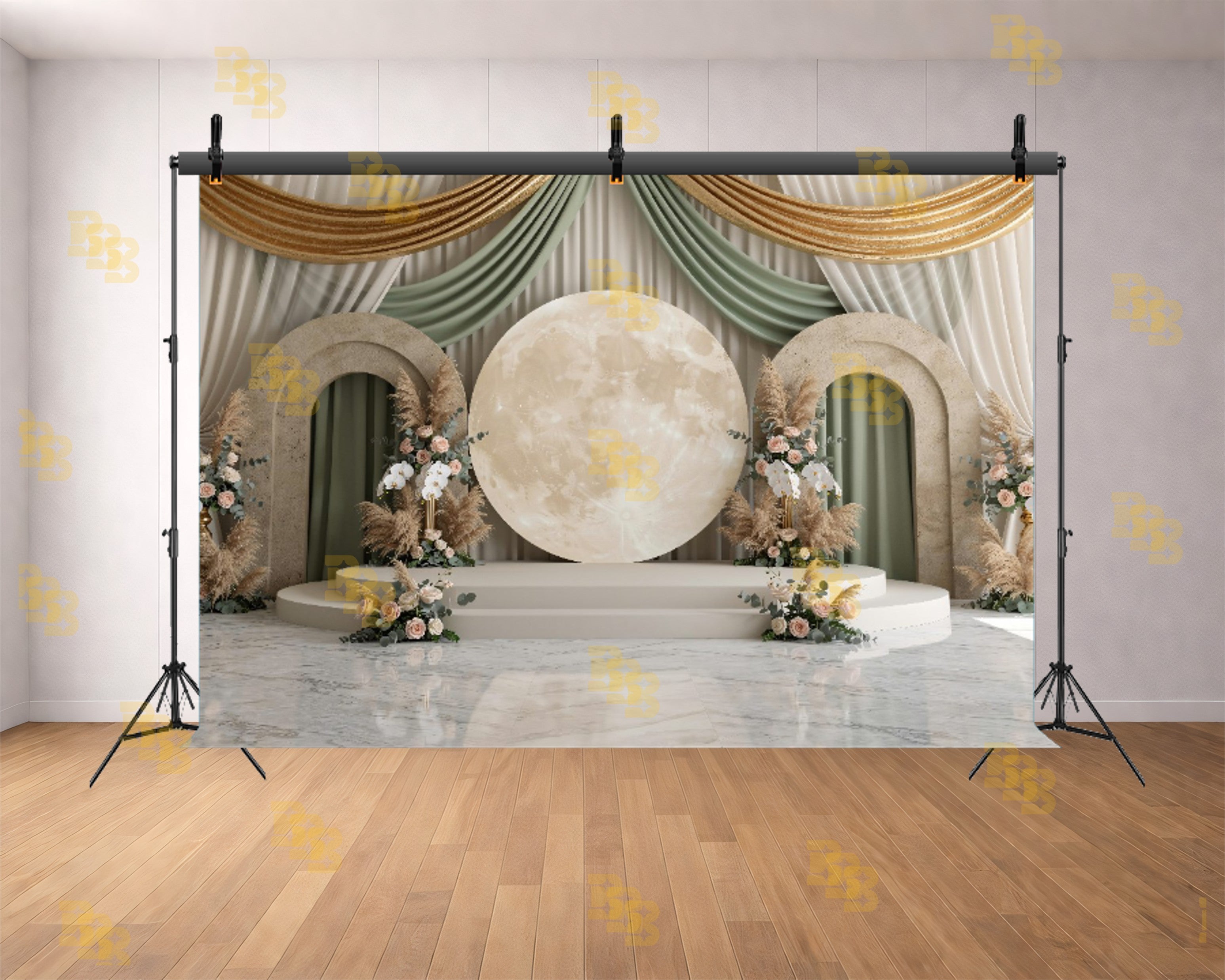 LUXURY MOON STAGE WITH FLORAL ARCHES AND DRAPES BACKDROP FOR WEDDING & EVENT PHOTOGRAPHY