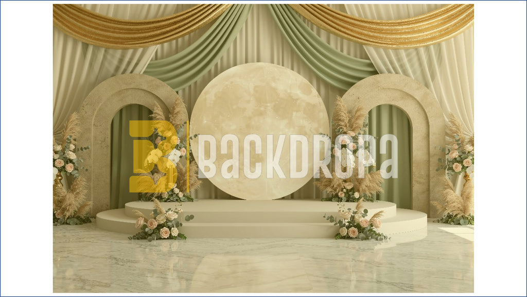 LUXURY MOON STAGE WITH FLORAL ARCHES AND DRAPES BACKDROP FOR WEDDING & EVENT PHOTOGRAPHY