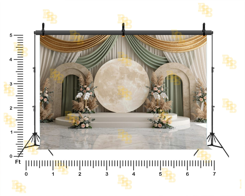 LUXURY MOON STAGE WITH FLORAL ARCHES AND DRAPES BACKDROP FOR WEDDING & EVENT PHOTOGRAPHY