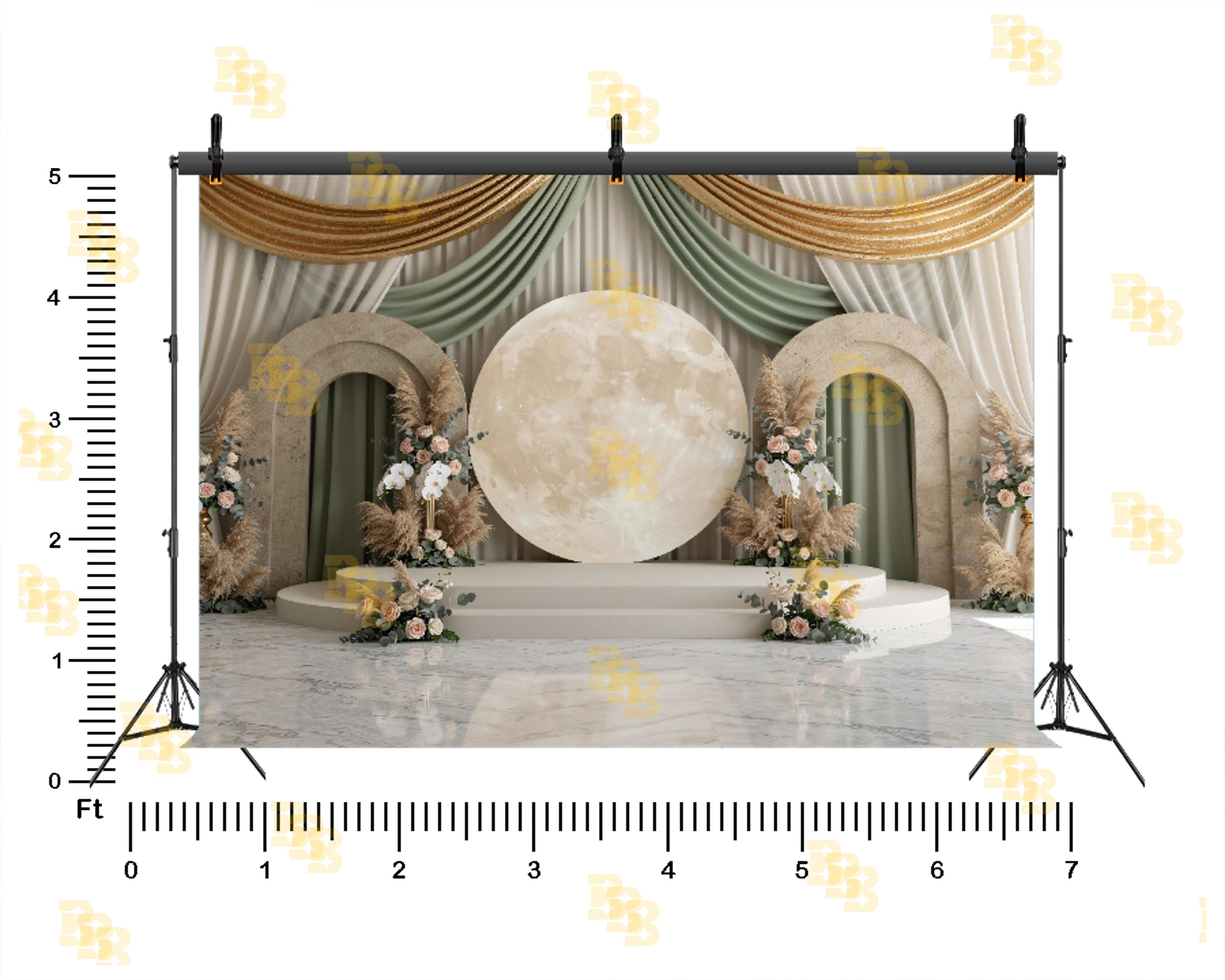 LUXURY MOON STAGE WITH FLORAL ARCHES AND DRAPES BACKDROP FOR WEDDING & EVENT PHOTOGRAPHY