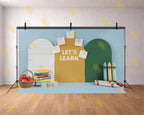LETS LEARN SCHOOL THEME WITH BOOKS AND CRAYONS BACKDROP FOR KIDS & EDUCATION PHOTOGRAPHY
