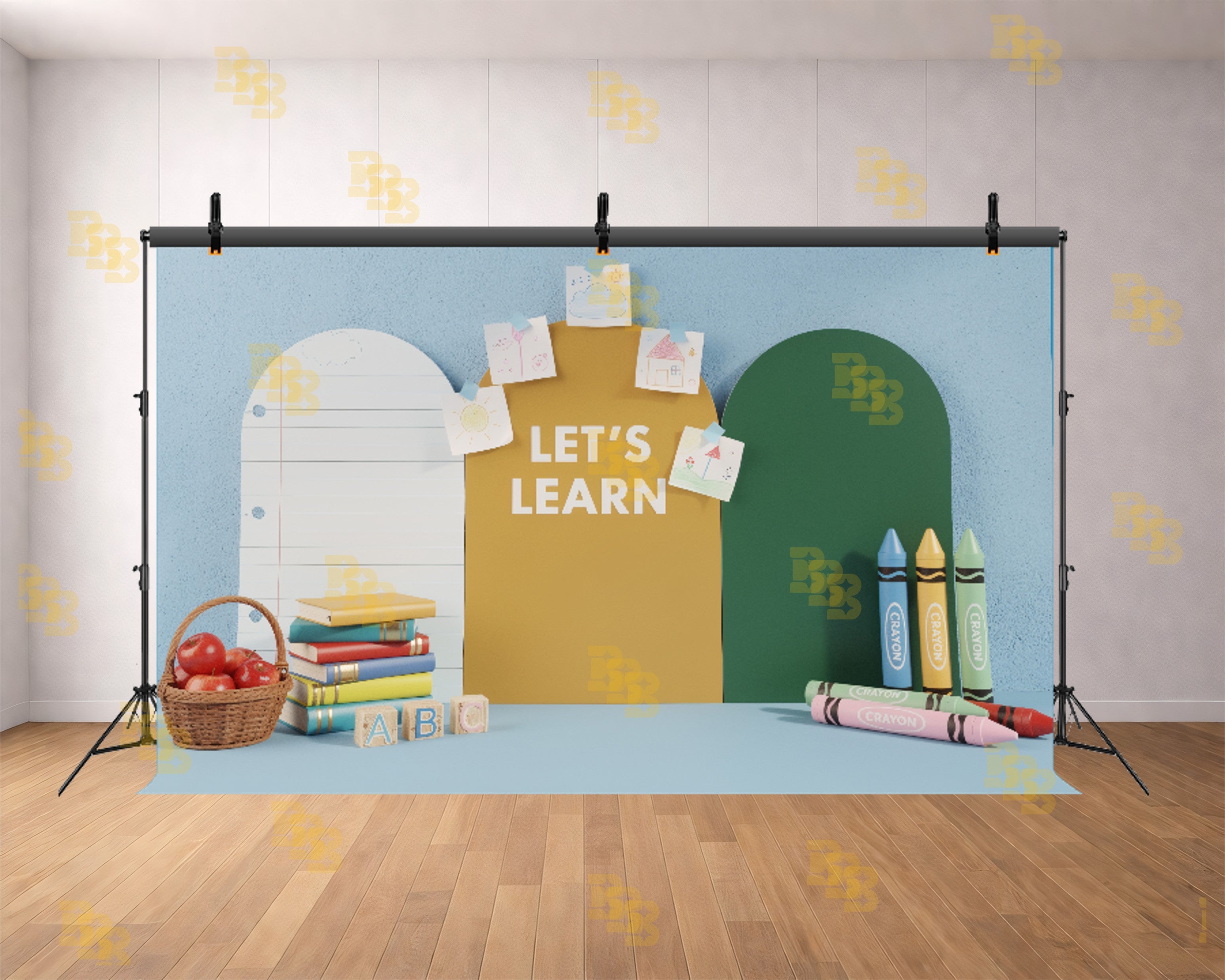 LETS LEARN SCHOOL THEME WITH BOOKS AND CRAYONS BACKDROP FOR KIDS & EDUCATION PHOTOGRAPHY