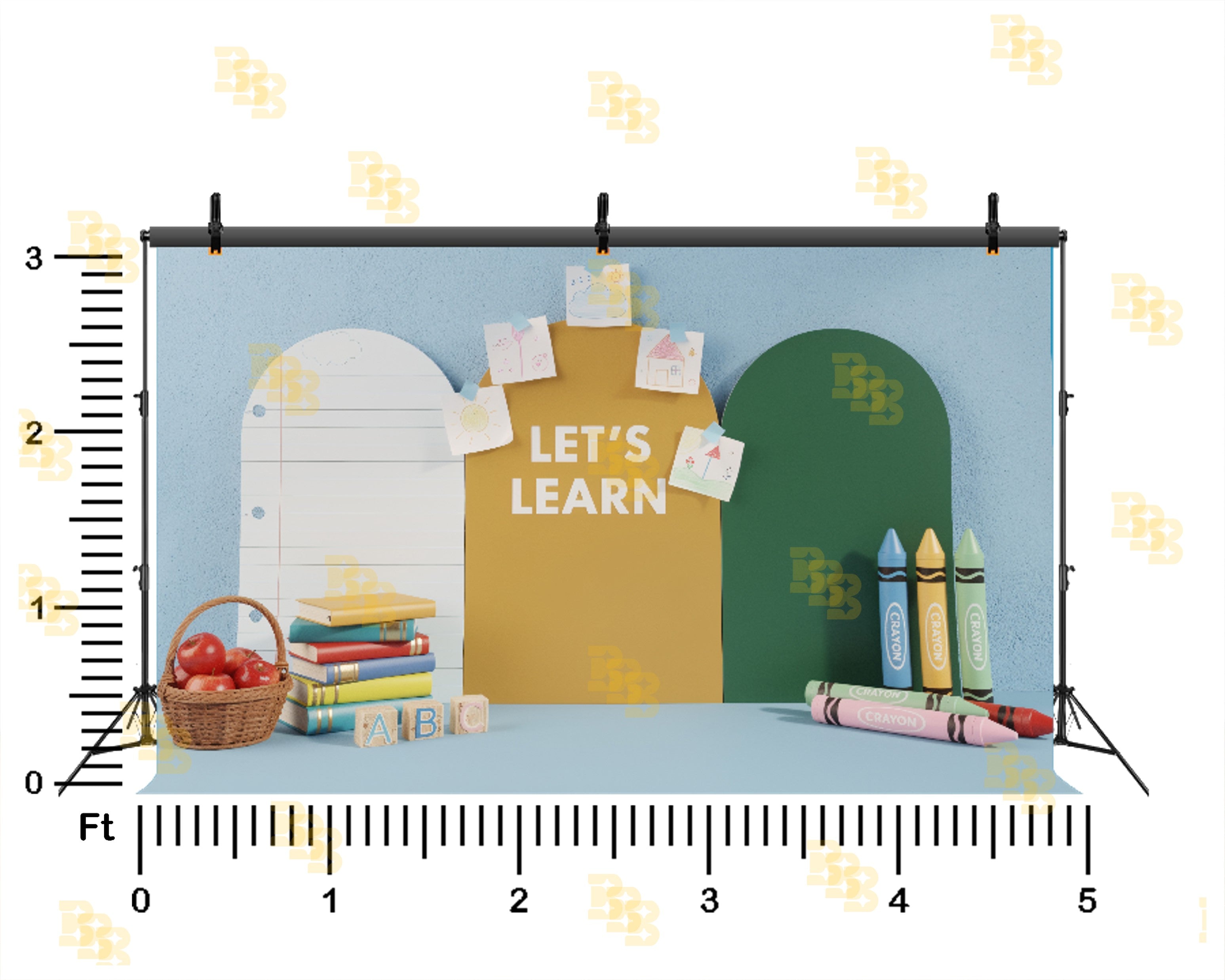 LETS LEARN SCHOOL THEME WITH BOOKS AND CRAYONS BACKDROP FOR KIDS & EDUCATION PHOTOGRAPHY
