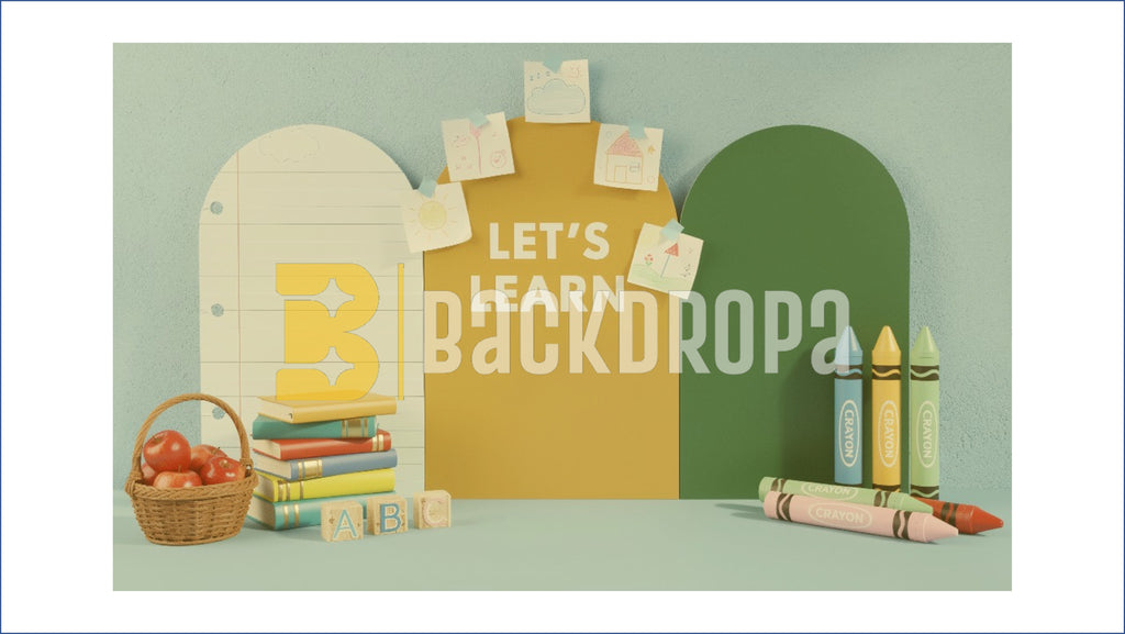LETS LEARN SCHOOL THEME WITH BOOKS AND CRAYONS BACKDROP FOR KIDS & EDUCATION PHOTOGRAPHY