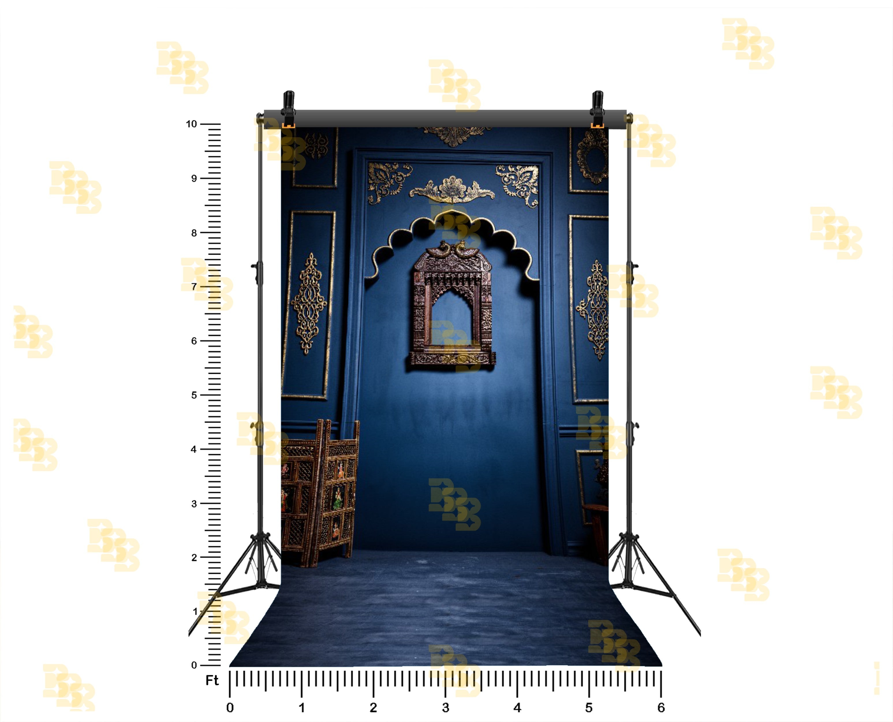 ROYAL TEAL ARCH WALL WITH GOLD CARVINGS BACKDROP FOR TRADITIONAL & PORTRAIT PHOTOGRAPHY
