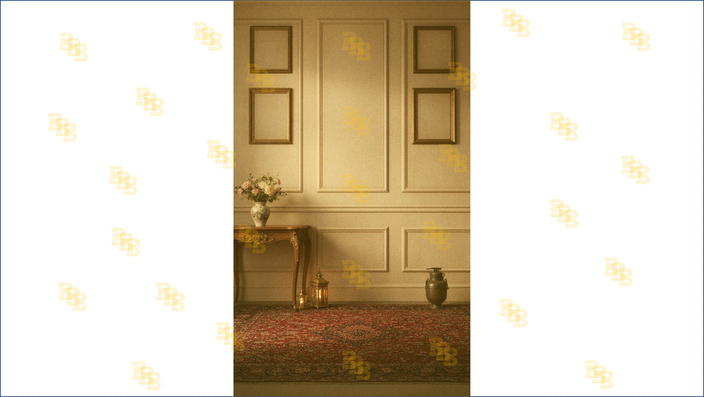 ELEGANT BEIGE WALL WITH VINTAGE TABLE AND FRAMES BACKDROP FOR PORTRAIT & CLASSIC PHOTOGRAPHY