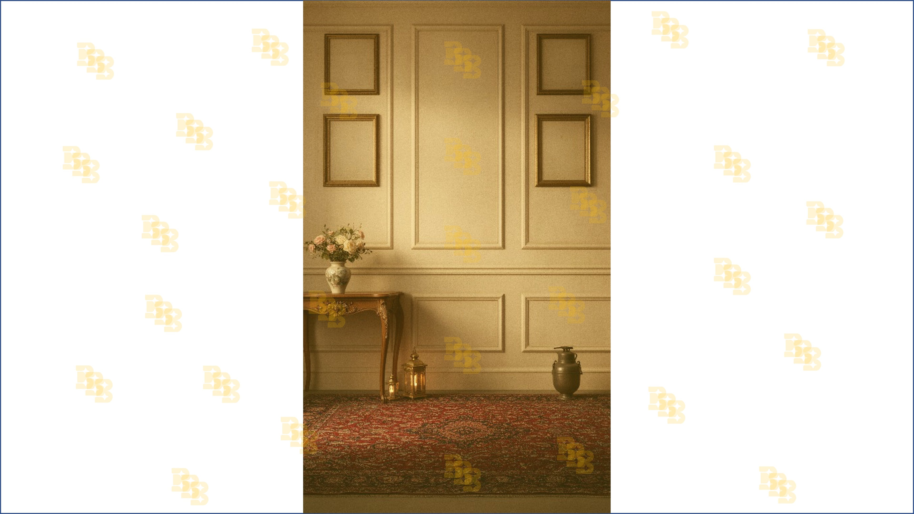 ELEGANT BEIGE WALL WITH VINTAGE TABLE AND FRAMES BACKDROP FOR PORTRAIT & CLASSIC PHOTOGRAPHY