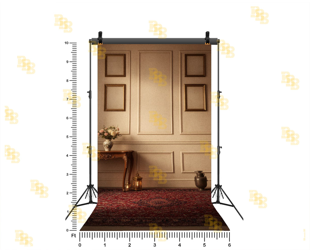 ELEGANT BEIGE WALL WITH VINTAGE TABLE AND FRAMES BACKDROP FOR PORTRAIT & CLASSIC PHOTOGRAPHY