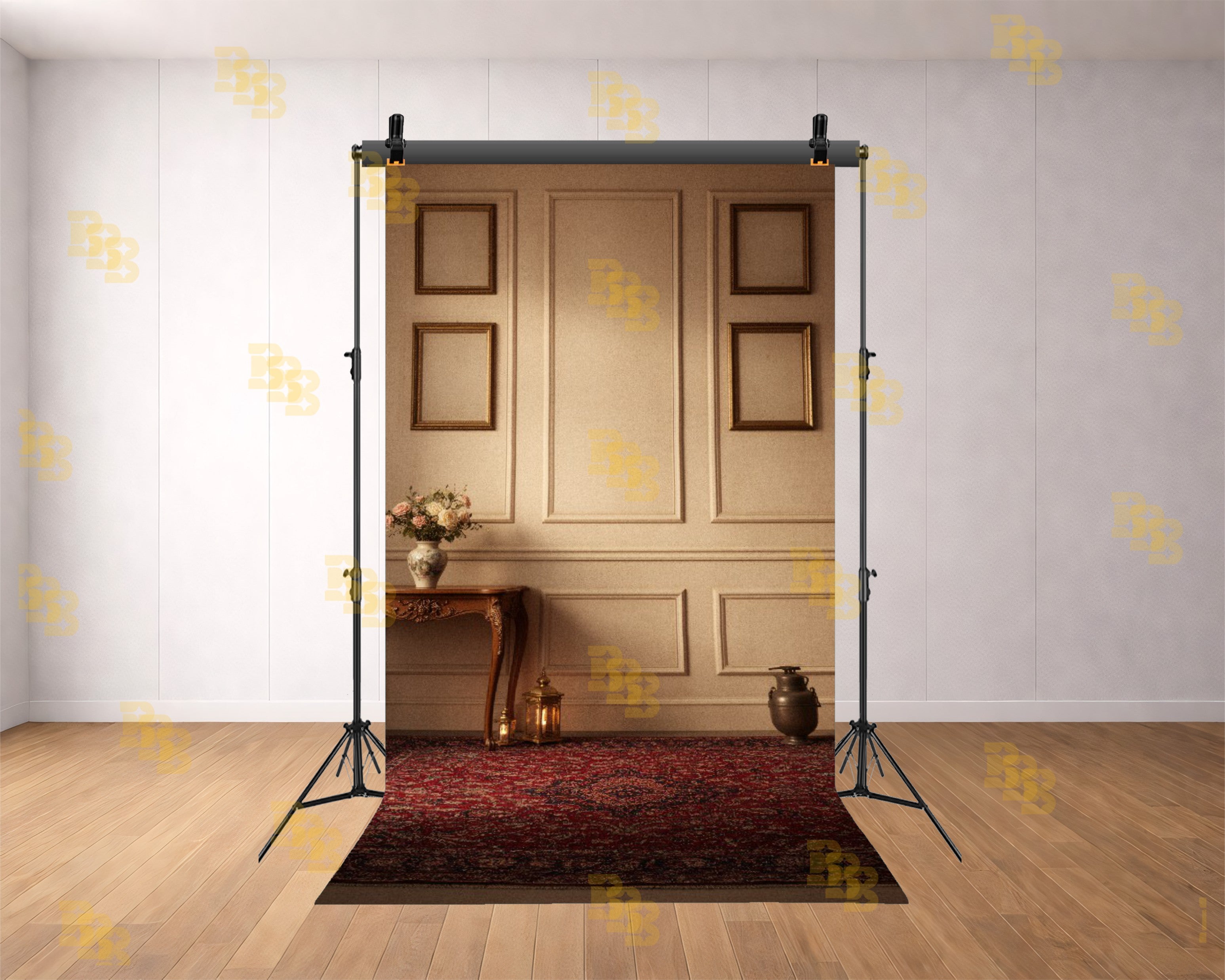 ELEGANT BEIGE WALL WITH VINTAGE TABLE AND FRAMES BACKDROP FOR PORTRAIT & CLASSIC PHOTOGRAPHY