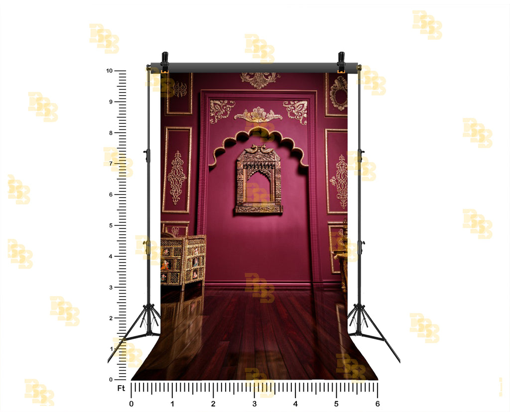 ROYAL MAROON ARCH WALL WITH GOLD CARVINGS BACKDROP FOR TRADITIONAL & GROOM PHOTOGRAPHY
