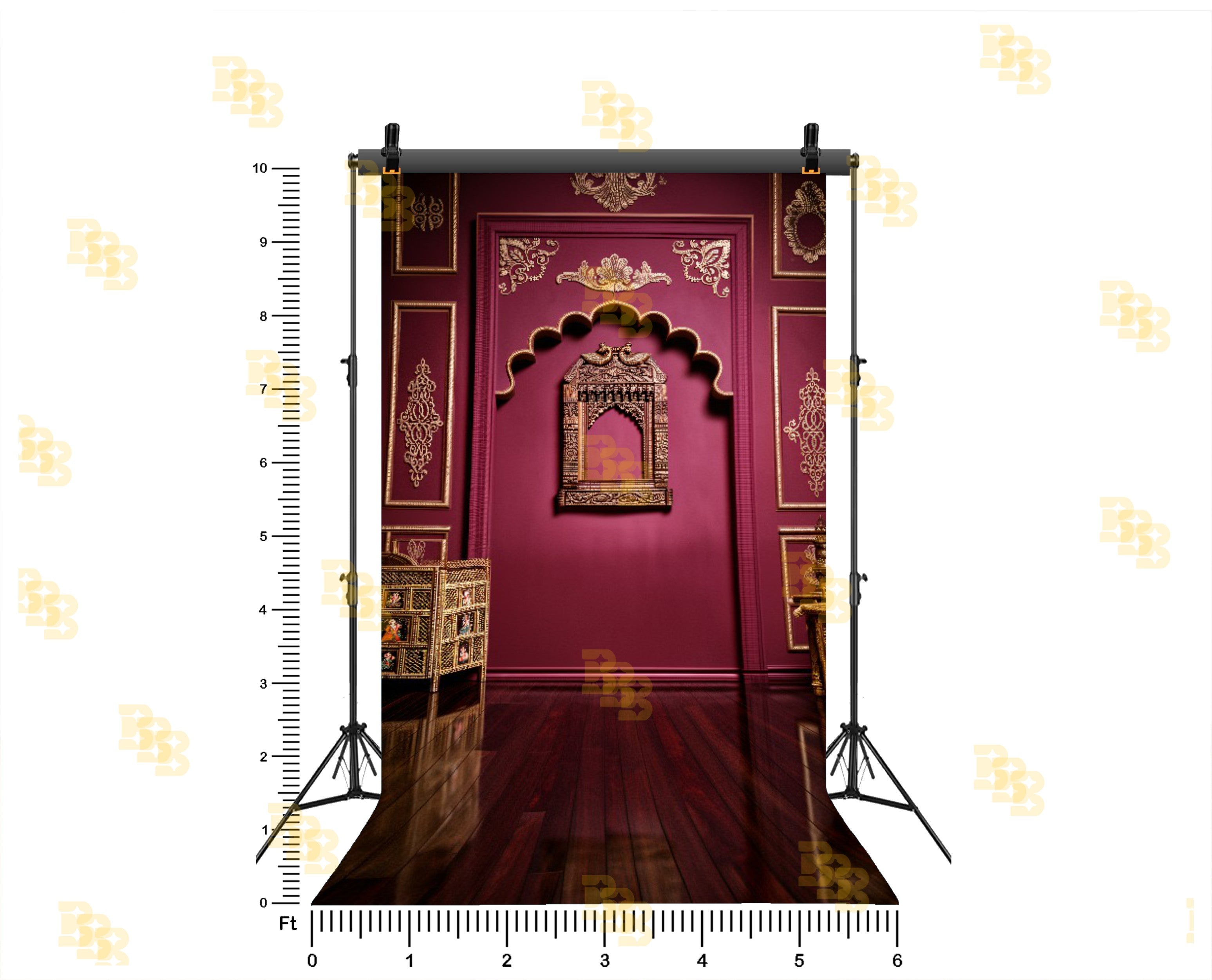 ROYAL MAROON ARCH WALL WITH GOLD CARVINGS BACKDROP FOR TRADITIONAL & GROOM PHOTOGRAPHY