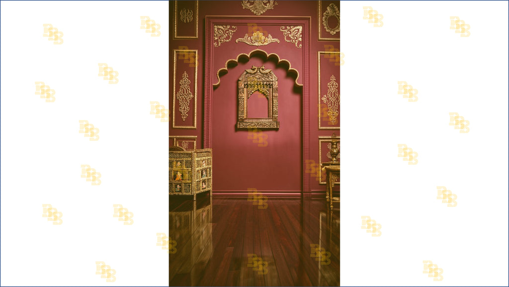 ROYAL MAROON ARCH WALL WITH GOLD CARVINGS BACKDROP FOR TRADITIONAL & GROOM PHOTOGRAPHY