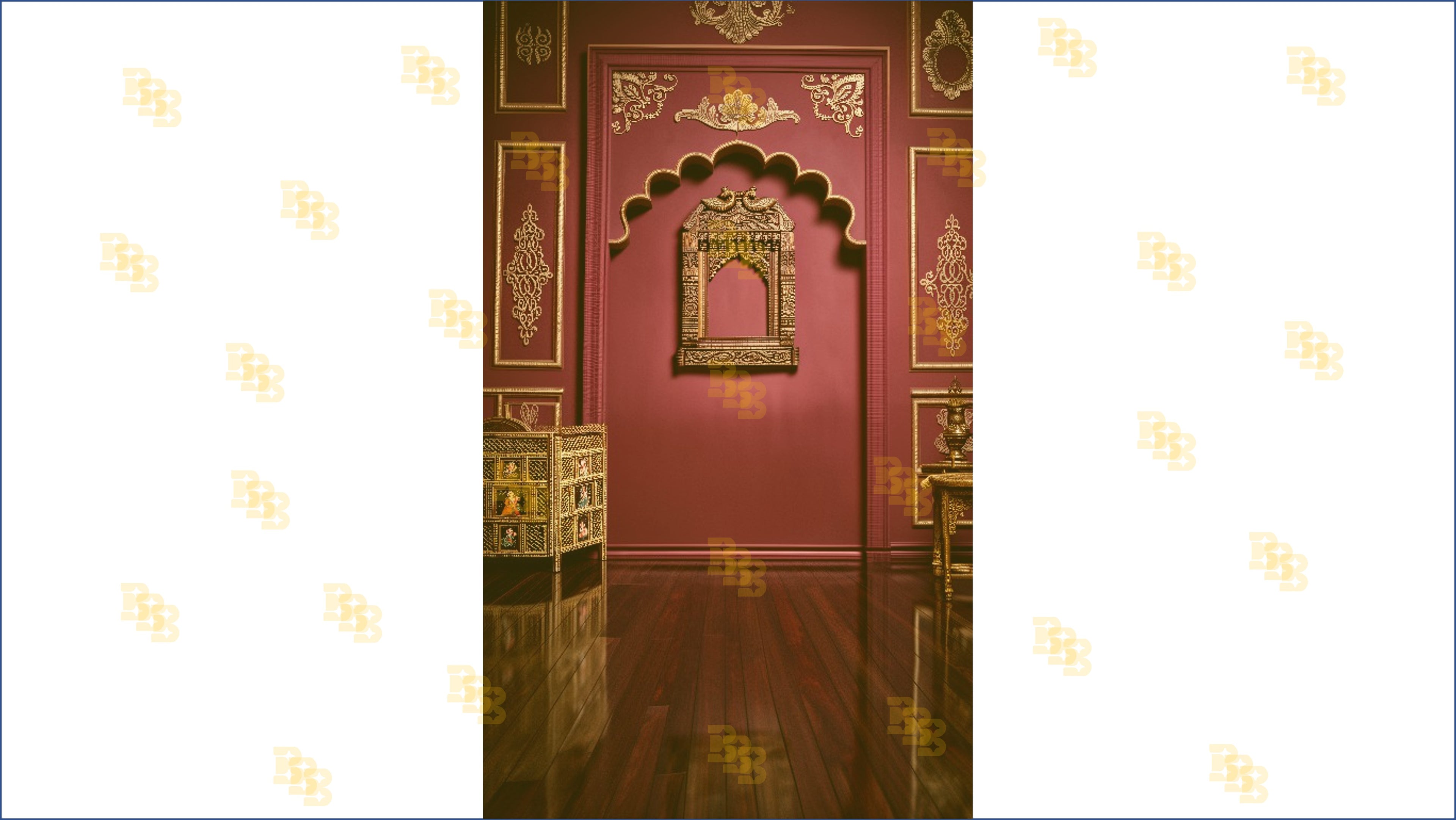 ROYAL MAROON ARCH WALL WITH GOLD CARVINGS BACKDROP FOR TRADITIONAL & GROOM PHOTOGRAPHY