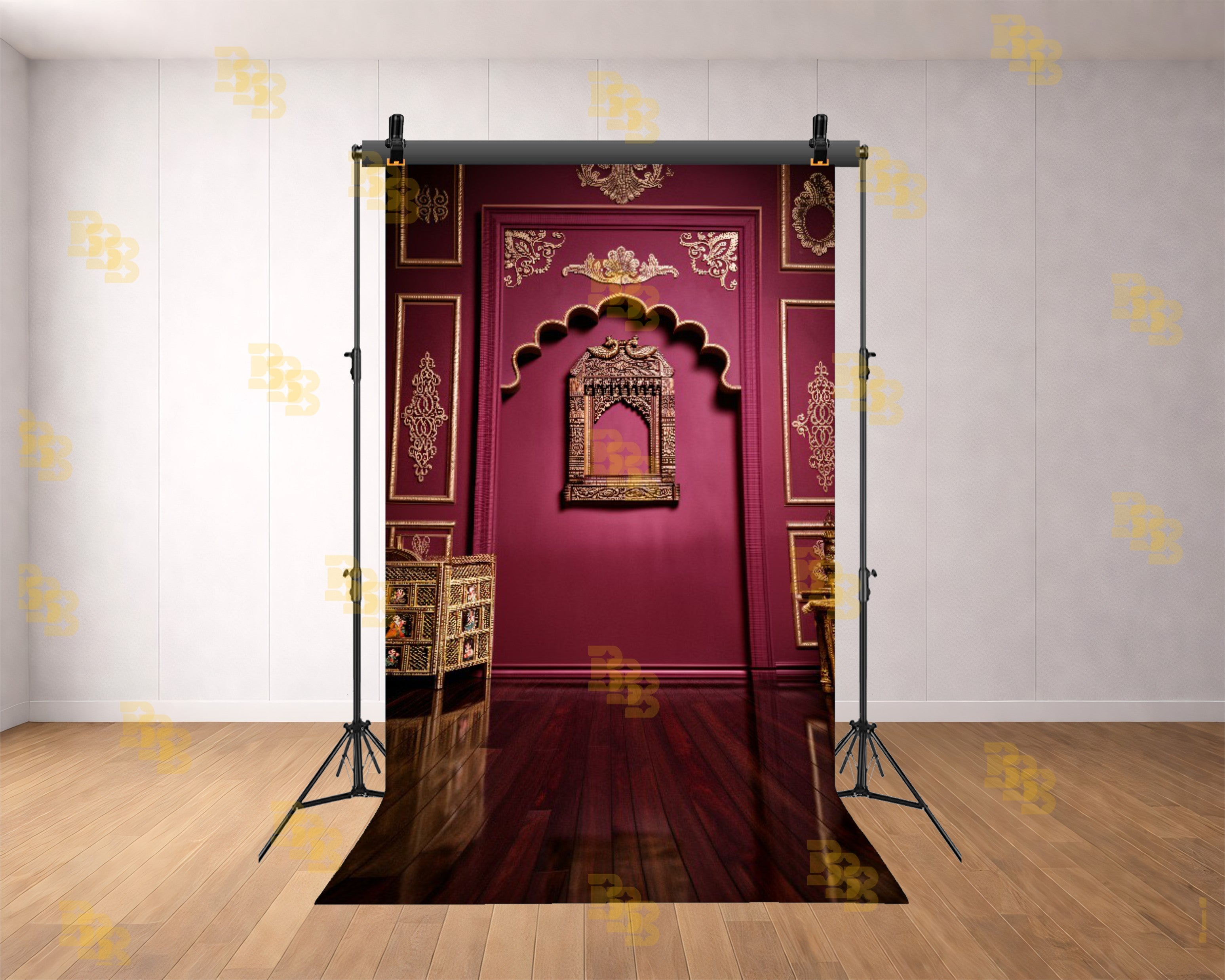 ROYAL MAROON ARCH WALL WITH GOLD CARVINGS BACKDROP FOR TRADITIONAL & GROOM PHOTOGRAPHY
