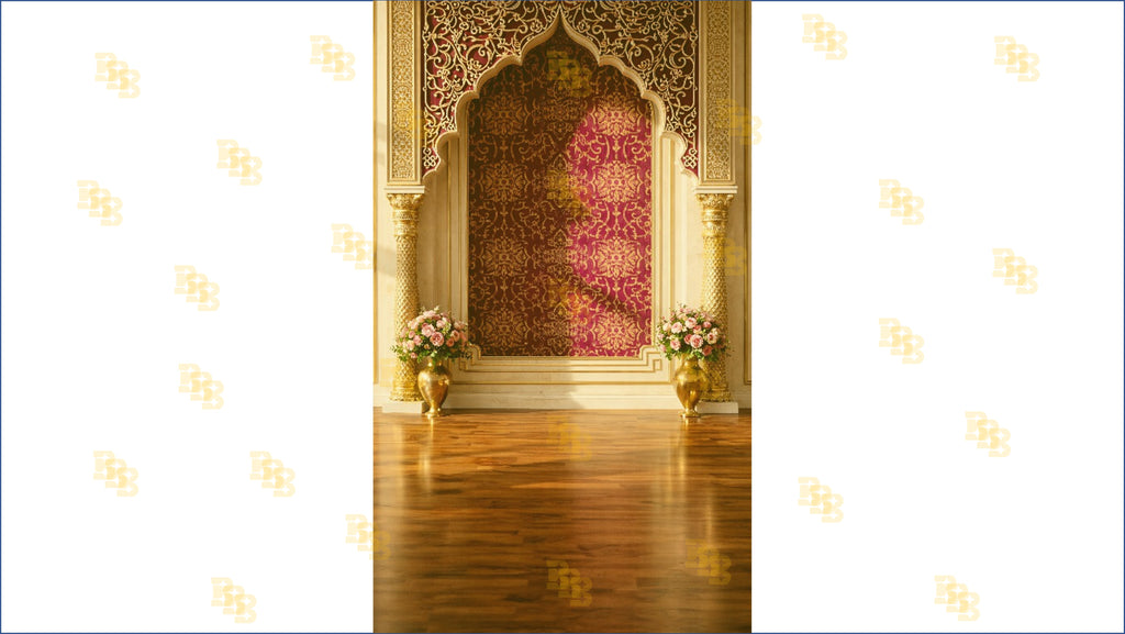 ROYAL GOLD ARCH WITH MAROON PATTERN WALL BACKDROP FOR WEDDING & TRADITIONAL PHOTOGRAPHY