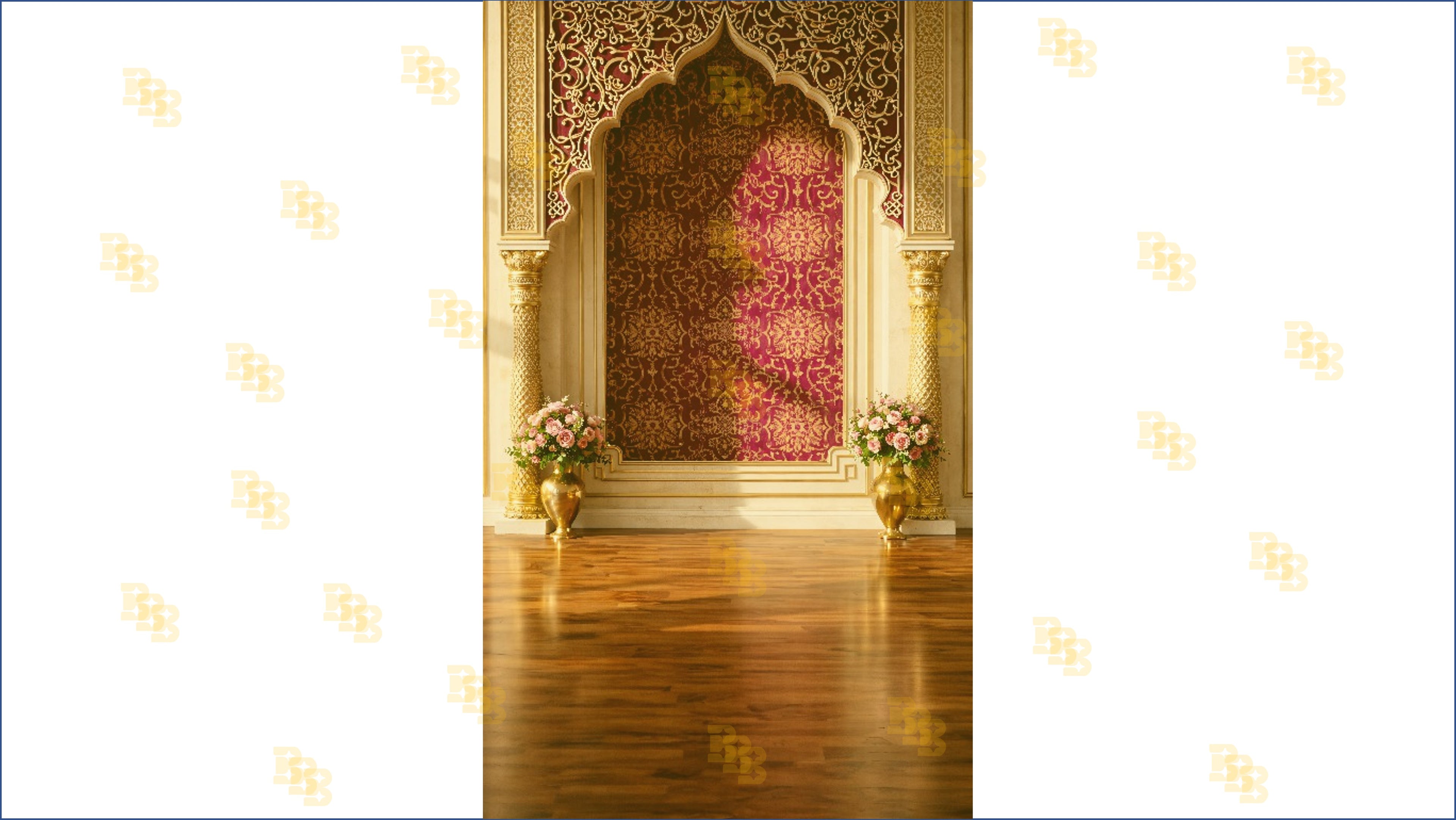 ROYAL GOLD ARCH WITH MAROON PATTERN WALL BACKDROP FOR WEDDING & TRADITIONAL PHOTOGRAPHY