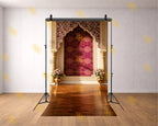 ROYAL GOLD ARCH WITH MAROON PATTERN WALL BACKDROP FOR WEDDING & TRADITIONAL PHOTOGRAPHY