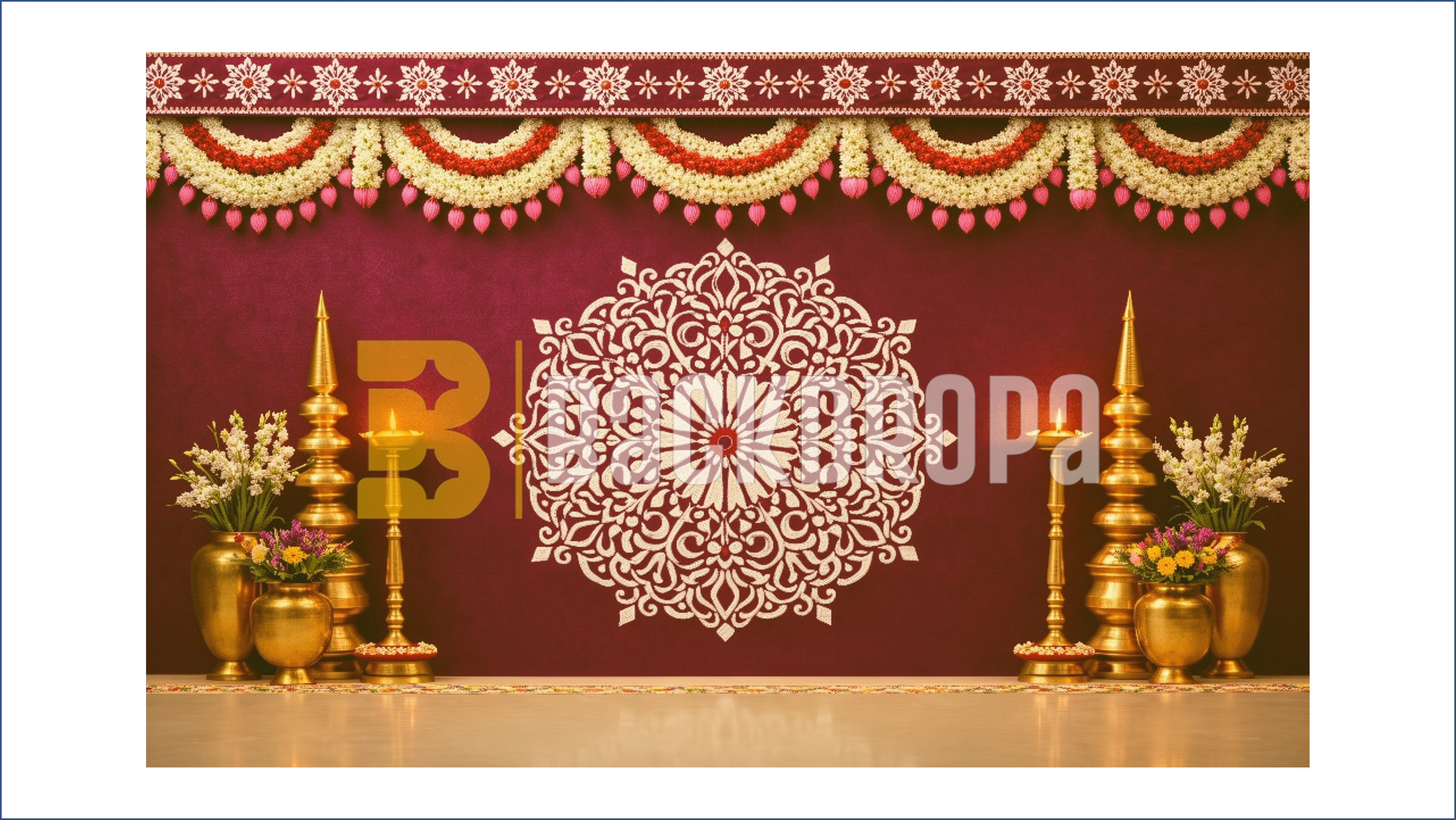 TRADITIONAL MAROON FLORAL MANDALA WITH TEMPLE DECOR BACKDROP FOR WEDDING & HOUSE FUNCTIONS PHOTOGRAPHY