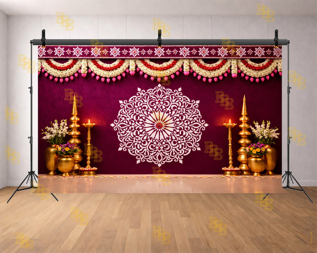TRADITIONAL MAROON FLORAL MANDALA WITH TEMPLE DECOR BACKDROP FOR WEDDING & HOUSE FUNCTIONS PHOTOGRAPHY