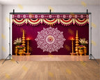 TRADITIONAL MAROON FLORAL MANDALA WITH TEMPLE DECOR BACKDROP FOR WEDDING & HOUSE FUNCTIONS PHOTOGRAPHY