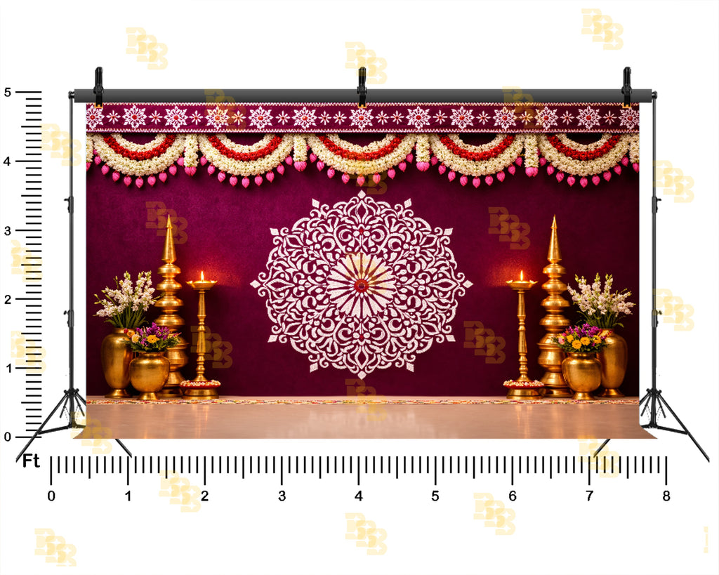 TRADITIONAL MAROON FLORAL MANDALA WITH TEMPLE DECOR BACKDROP FOR WEDDING & HOUSE FUNCTIONS PHOTOGRAPHY