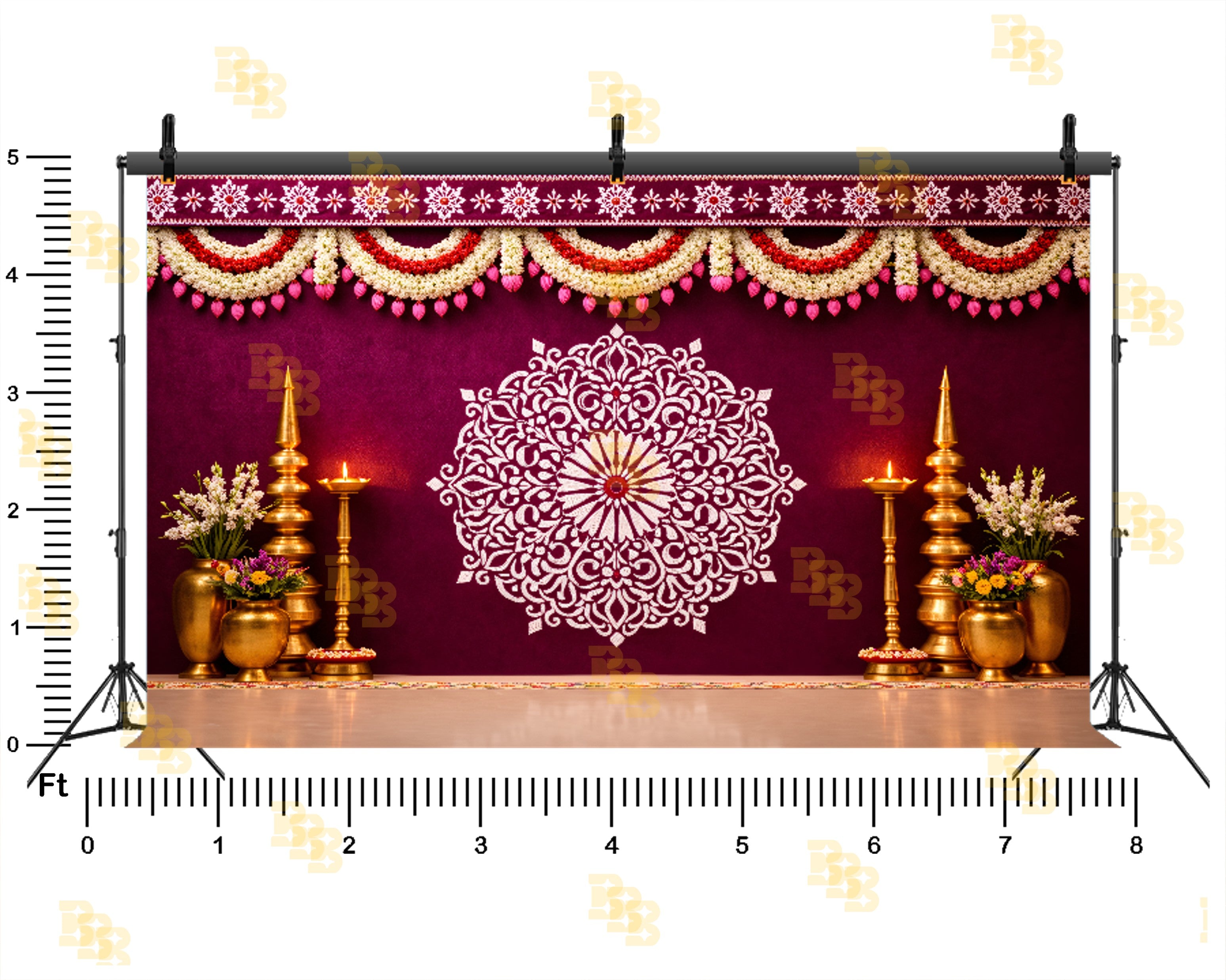 TRADITIONAL MAROON FLORAL MANDALA WITH TEMPLE DECOR BACKDROP FOR WEDDING & HOUSE FUNCTIONS PHOTOGRAPHY