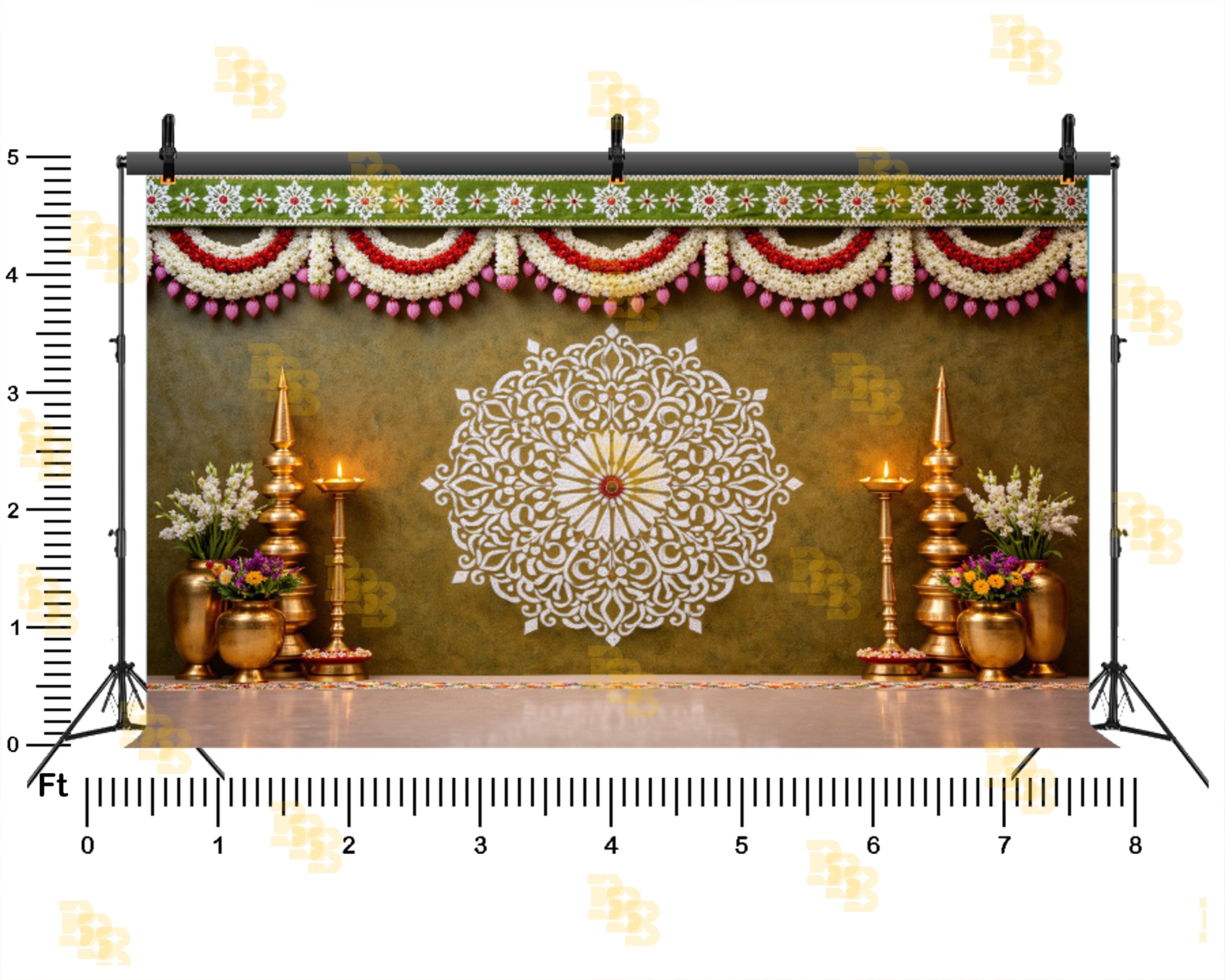 TRADITIONAL OLIVE GREEN FLORAL MANDALA WITH TEMPLE DECOR BACKDROP FOR WEDDING & HOUSE FUNCTIONS PHOTOGRAPHY