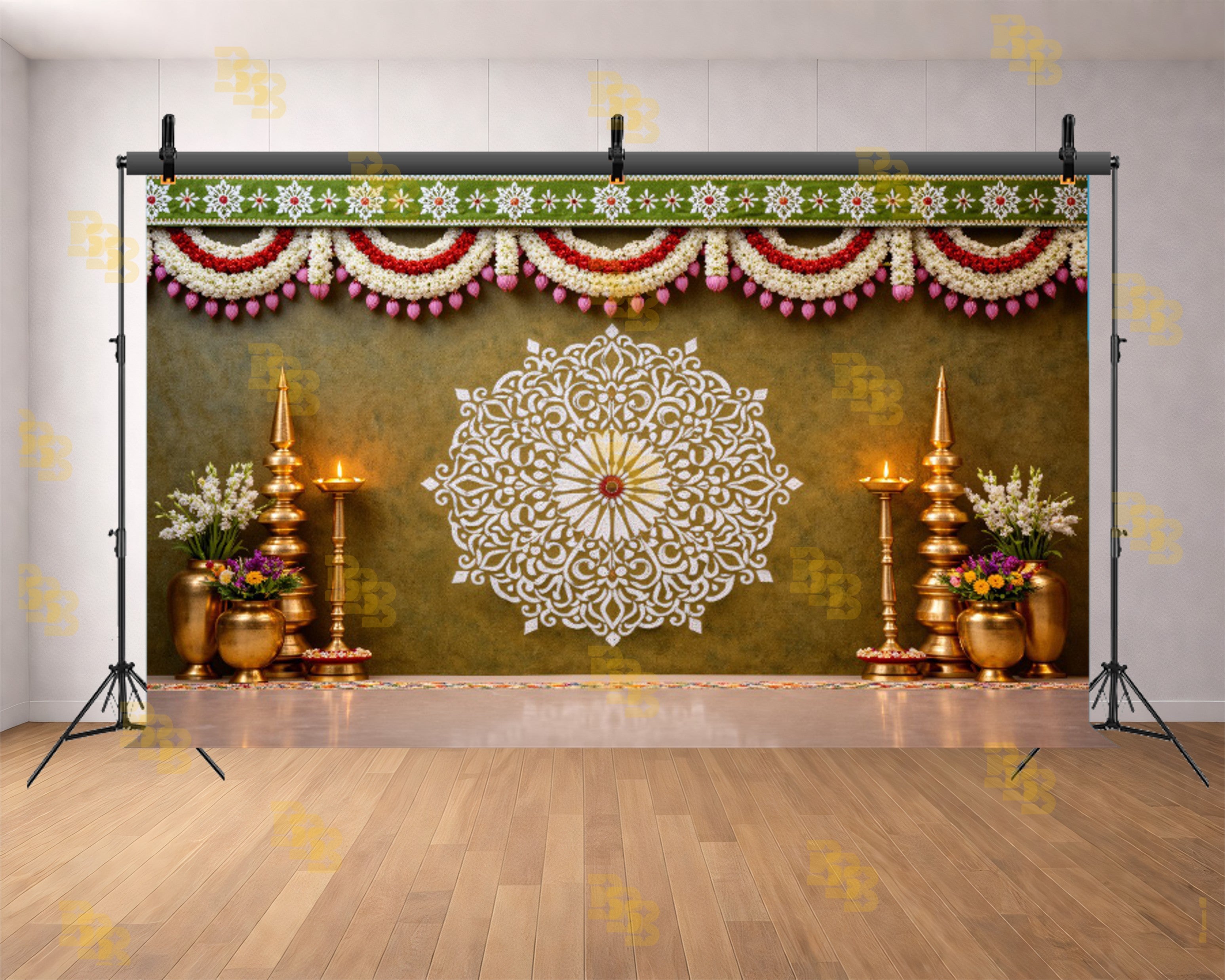 TRADITIONAL OLIVE GREEN FLORAL MANDALA WITH TEMPLE DECOR BACKDROP FOR WEDDING & HOUSE FUNCTIONS PHOTOGRAPHY