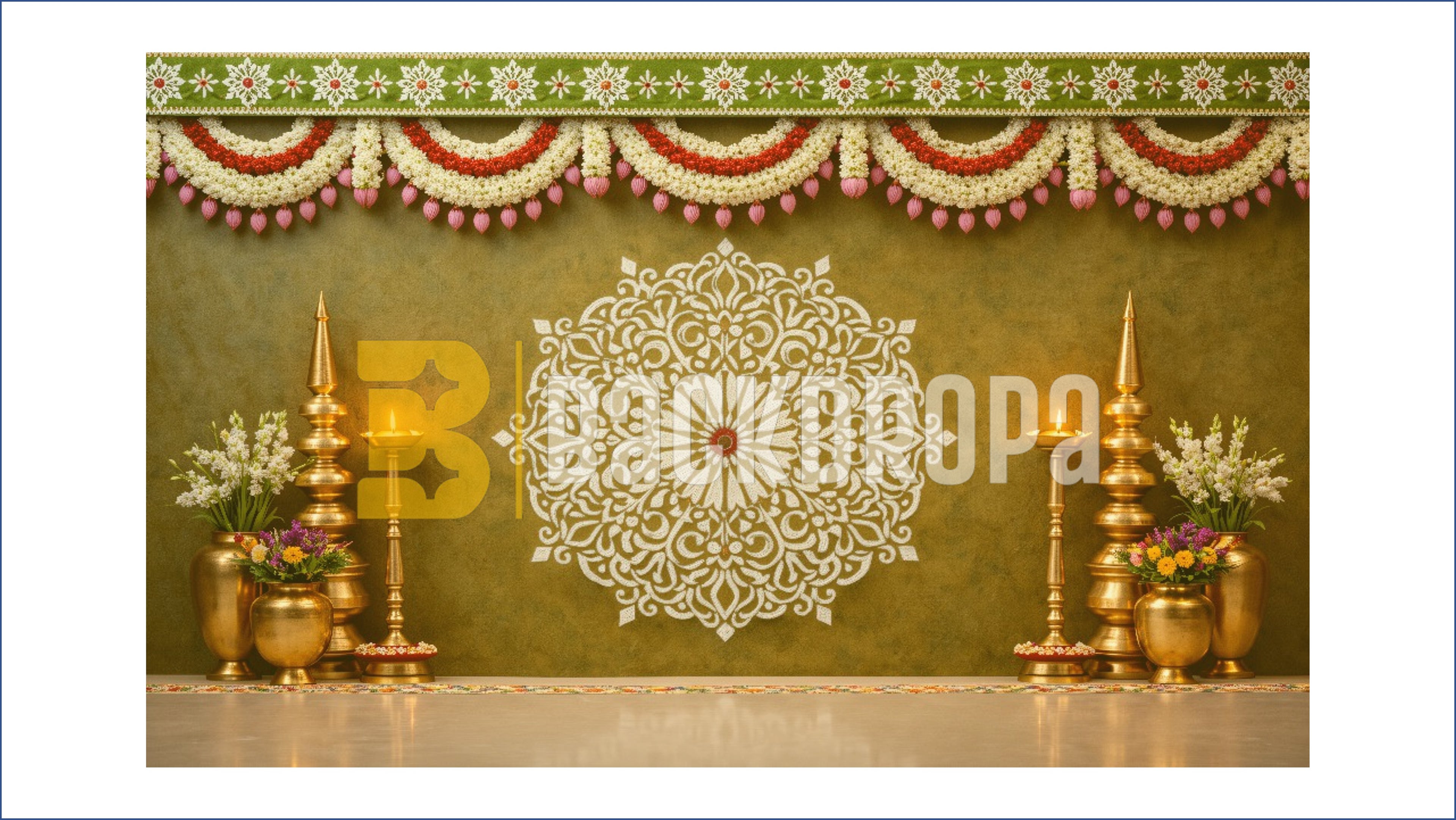 TRADITIONAL OLIVE GREEN FLORAL MANDALA WITH TEMPLE DECOR BACKDROP FOR WEDDING & HOUSE FUNCTIONS PHOTOGRAPHY
