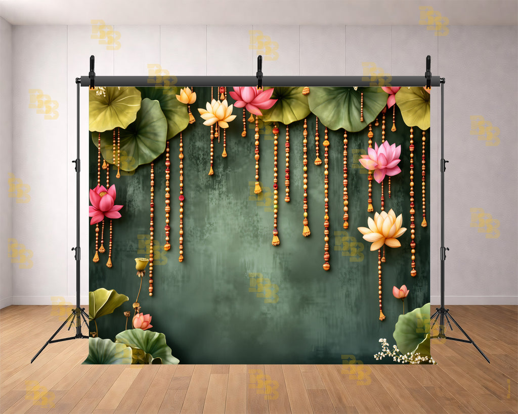 LOTUS FLORAL HANGING GARLAND WITH GREEN TEXTURED WALL BACKDROP FOR WEDDING & FESTIVE PHOTOGRAPHY