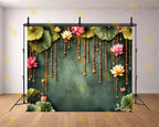 LOTUS FLORAL HANGING GARLAND WITH GREEN TEXTURED WALL BACKDROP FOR WEDDING & FESTIVE PHOTOGRAPHY