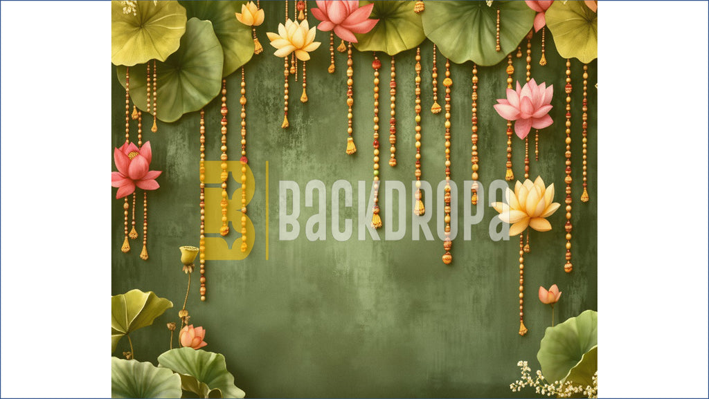 LOTUS FLORAL HANGING GARLAND WITH GREEN TEXTURED WALL BACKDROP FOR WEDDING & FESTIVE PHOTOGRAPHY