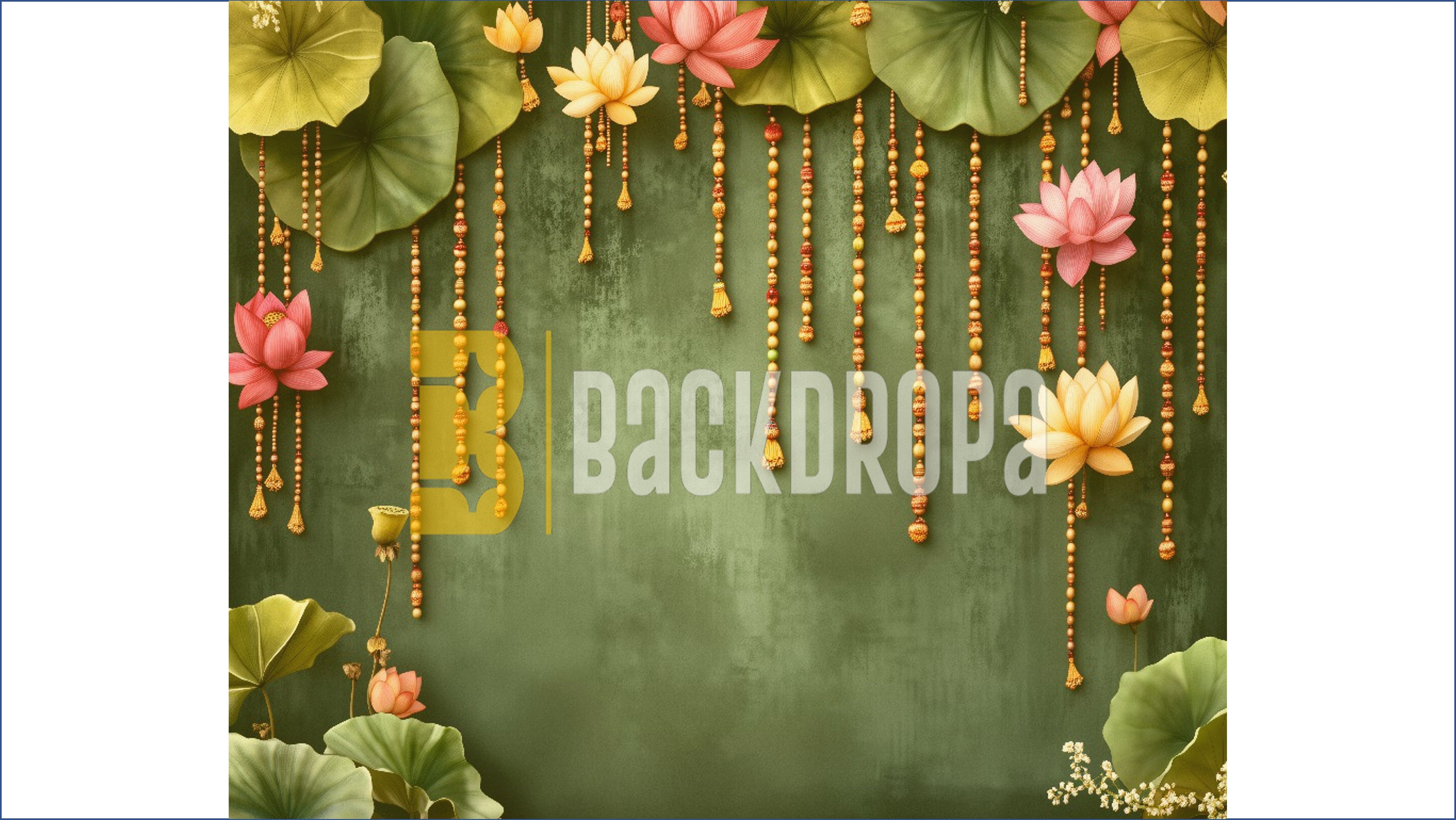 LOTUS FLORAL HANGING GARLAND WITH GREEN TEXTURED WALL BACKDROP FOR WEDDING & FESTIVE PHOTOGRAPHY