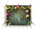 LOTUS FLORAL HANGING GARLAND WITH GREEN TEXTURED WALL BACKDROP FOR WEDDING & FESTIVE PHOTOGRAPHY