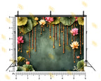 LOTUS FLORAL HANGING GARLAND WITH GREEN TEXTURED WALL BACKDROP FOR WEDDING & FESTIVE PHOTOGRAPHY