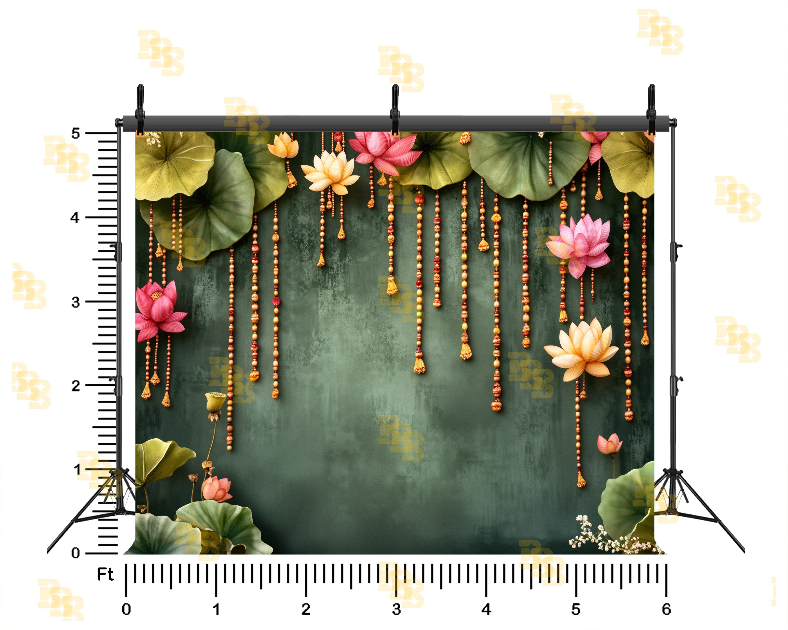 LOTUS FLORAL HANGING GARLAND WITH GREEN TEXTURED WALL BACKDROP FOR WEDDING & FESTIVE PHOTOGRAPHY