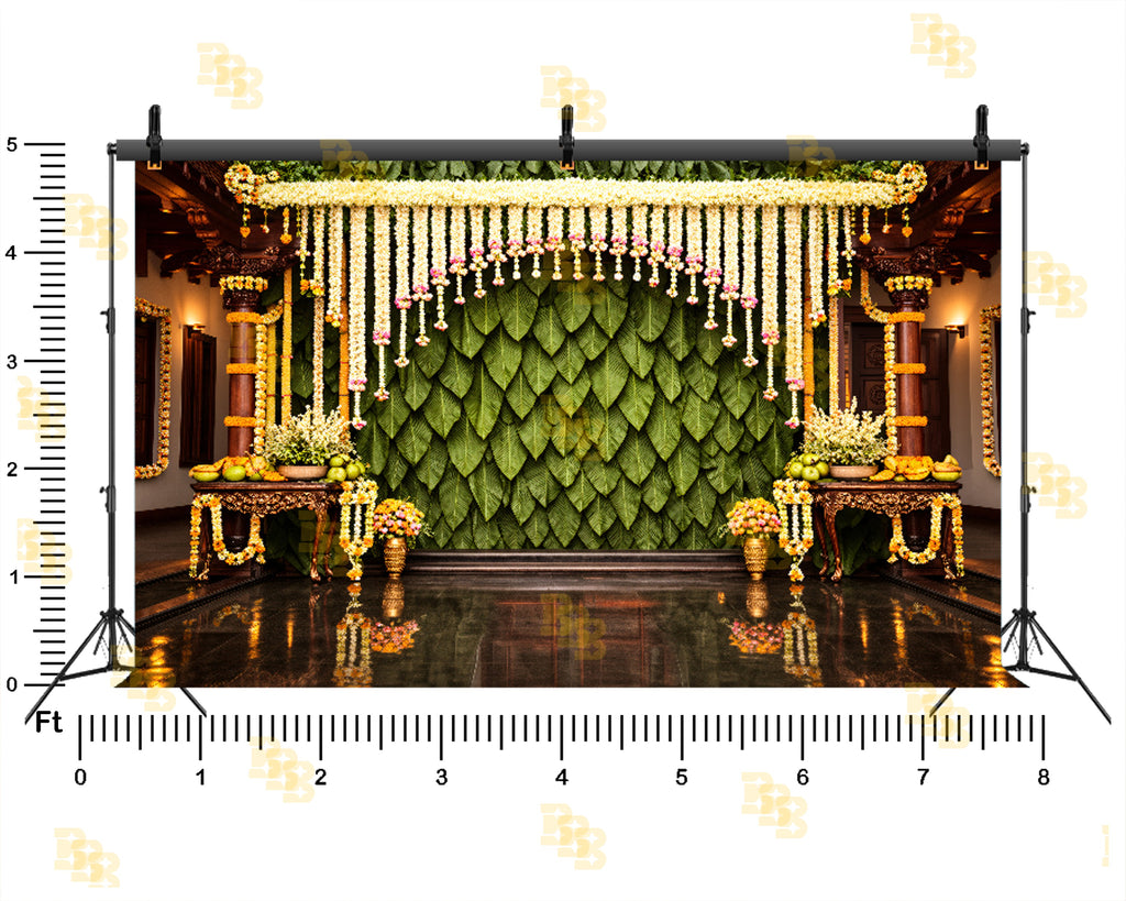 TRADITIONAL LEAF WALL WITH MARIGOLD GARLAND STAGE BACKDROP FOR HALDI & WEDDING PHOTOGRAPHY