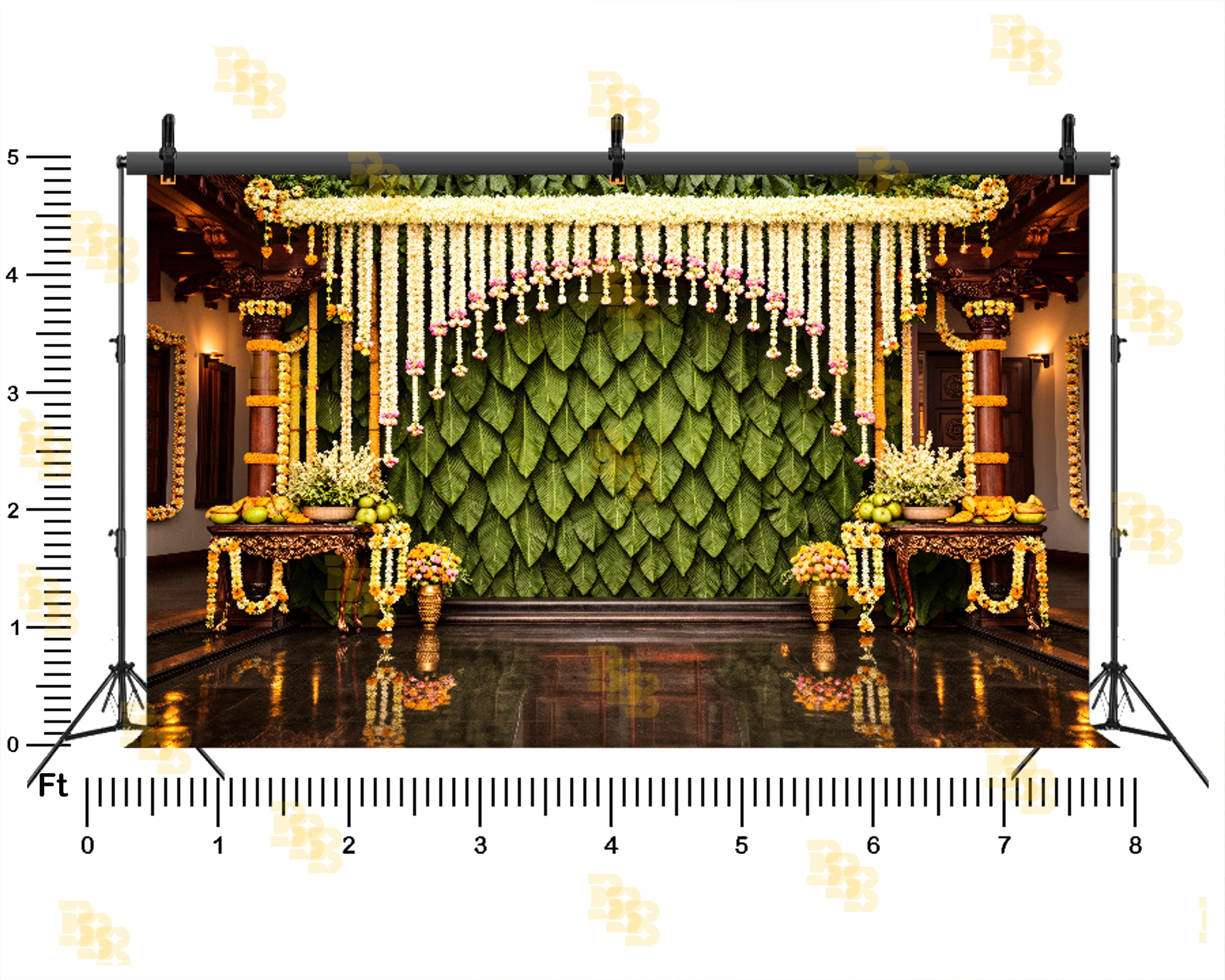 TRADITIONAL LEAF WALL WITH MARIGOLD GARLAND STAGE BACKDROP FOR HALDI & WEDDING PHOTOGRAPHY
