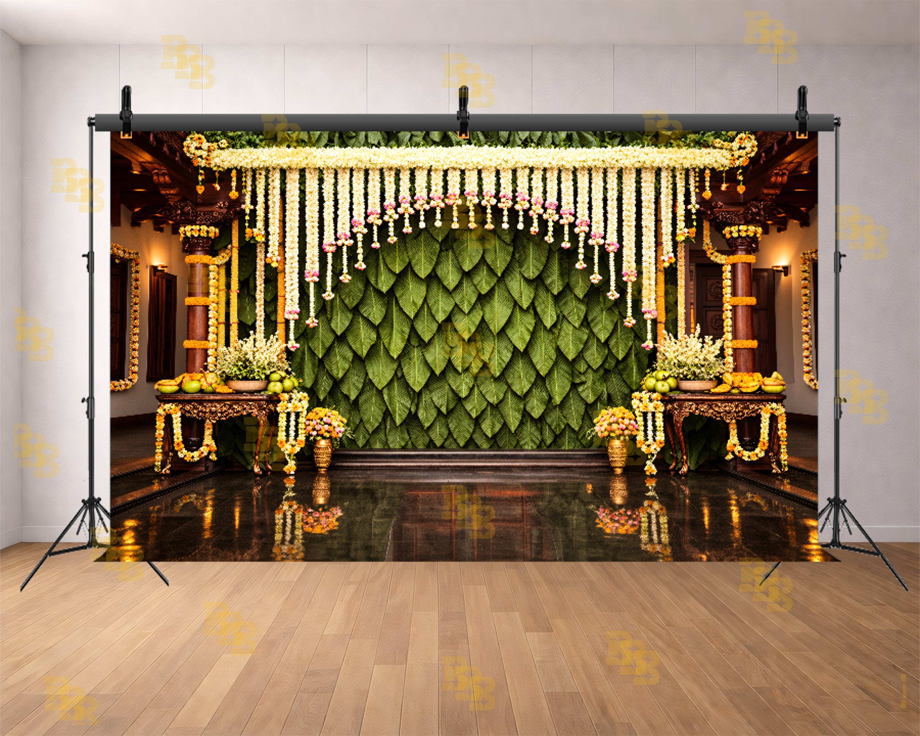 TRADITIONAL LEAF WALL WITH MARIGOLD GARLAND STAGE BACKDROP FOR HALDI & WEDDING PHOTOGRAPHY