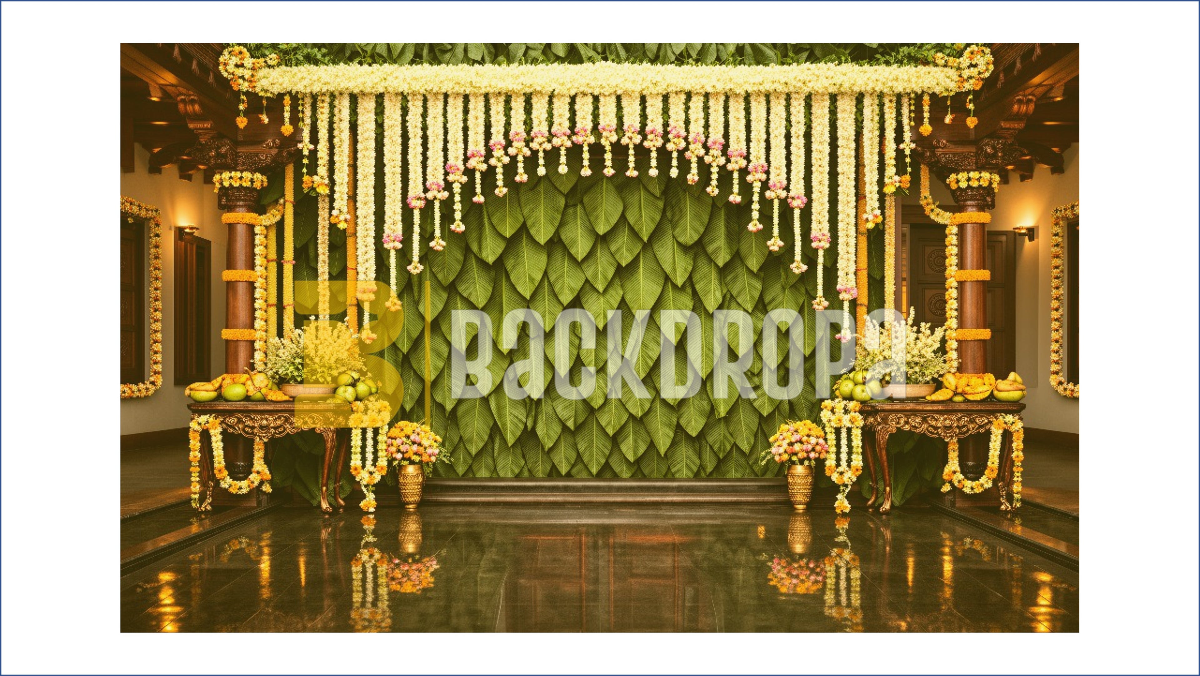 TRADITIONAL LEAF WALL WITH MARIGOLD GARLAND STAGE BACKDROP FOR HALDI & WEDDING PHOTOGRAPHY