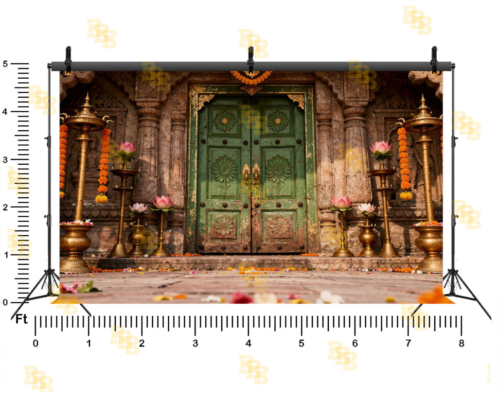 TRADITIONAL TEMPLE GREEN DOOR WITH LOTUS & DIYA DECOR BACKDROP FOR FESTIVE & WEDDING PHOTOGRAPHY