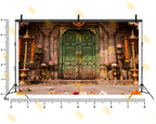 TRADITIONAL TEMPLE GREEN DOOR WITH LOTUS & DIYA DECOR BACKDROP FOR FESTIVE & WEDDING PHOTOGRAPHY