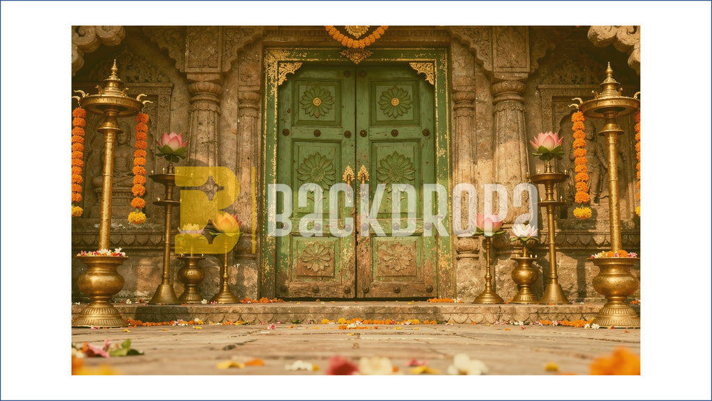 TRADITIONAL TEMPLE GREEN DOOR WITH LOTUS & DIYA DECOR BACKDROP FOR FESTIVE & WEDDING PHOTOGRAPHY