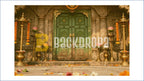 TRADITIONAL TEMPLE GREEN DOOR WITH LOTUS & DIYA DECOR BACKDROP FOR FESTIVE & WEDDING PHOTOGRAPHY