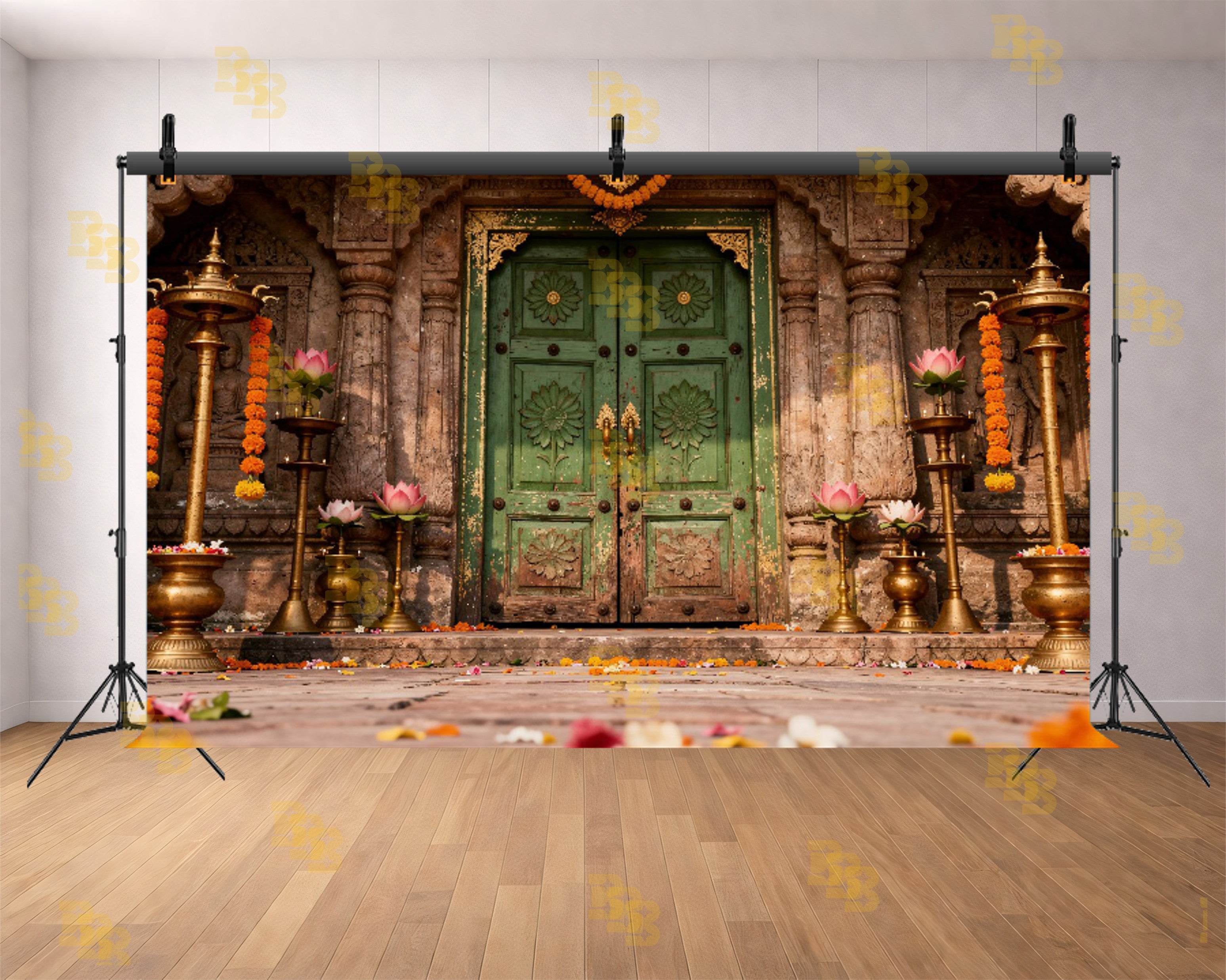 TRADITIONAL TEMPLE GREEN DOOR WITH LOTUS & DIYA DECOR BACKDROP FOR FESTIVE & WEDDING PHOTOGRAPHY