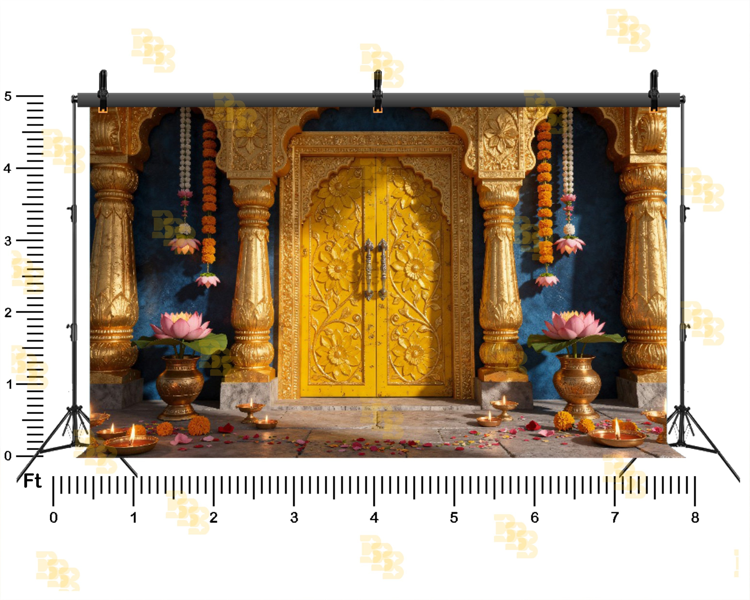 ROYAL GOLDEN TEMPLE DOOR WITH LOTUS & DIYA DECOR BACKDROP FOR WEDDING & FESTIVE PHOTOGRAPHY