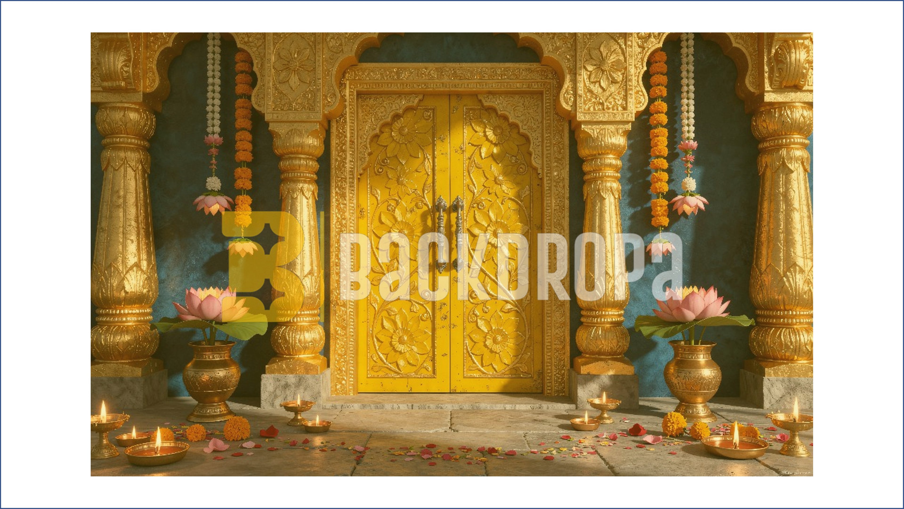 ROYAL GOLDEN TEMPLE DOOR WITH LOTUS & DIYA DECOR BACKDROP FOR WEDDING & FESTIVE PHOTOGRAPHY