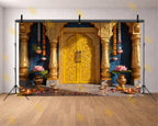 ROYAL GOLDEN TEMPLE DOOR WITH LOTUS & DIYA DECOR BACKDROP FOR WEDDING & FESTIVE PHOTOGRAPHY