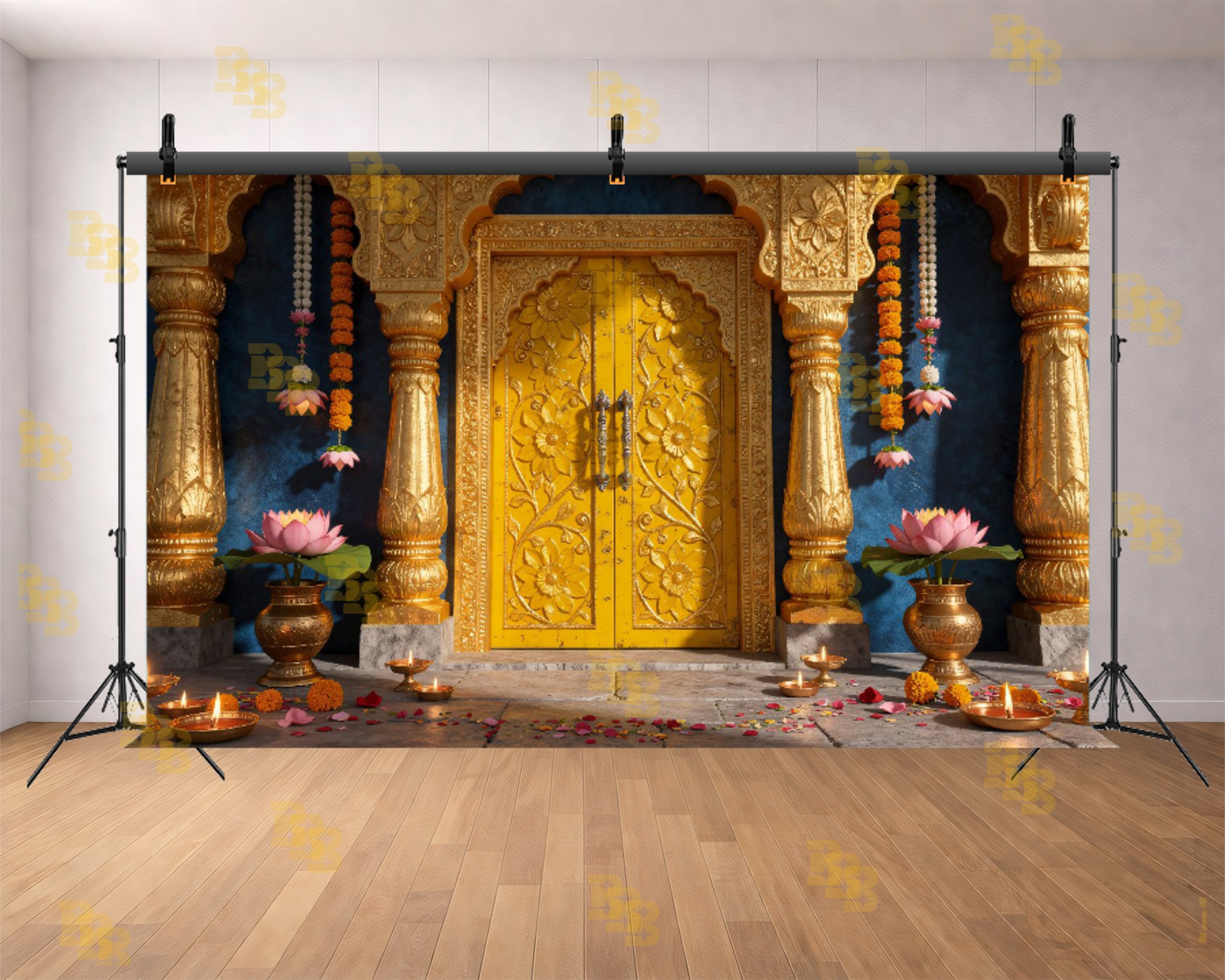 ROYAL GOLDEN TEMPLE DOOR WITH LOTUS & DIYA DECOR BACKDROP FOR WEDDING & FESTIVE PHOTOGRAPHY